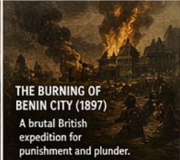 NubianBiz: Burning Benin City - NubianBiz | African Business Directory, Jobs, Marketplace & Entrepreneur Insights Poster for'The Burning of Benin City (1897)' showing a burning city and British soldiers; text describes it as a brutal expedition for punishment and plunder.