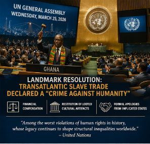 image - NubianBiz | African Business Directory, Jobs, Marketplace & Entrepreneur Insights Un general assembly hall; ghanaian delegate speaks at the podium as banners announce 'transatlantic slave trade declared a crime against humanity'.