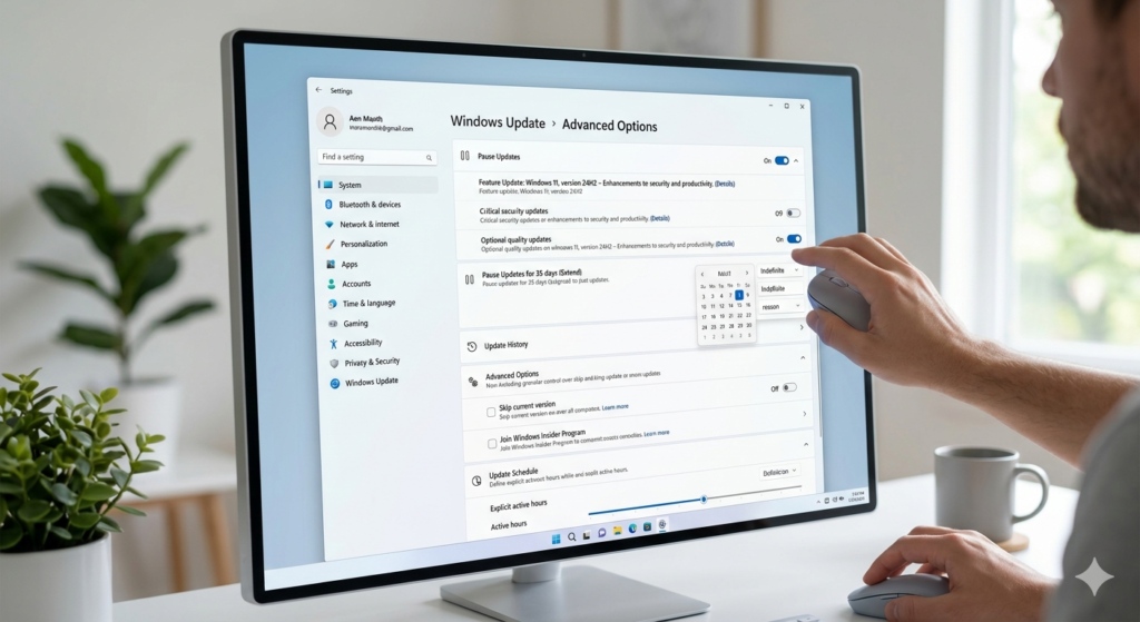 Person using a wireless mouse to navigate windows update settings on a desktop monitor.